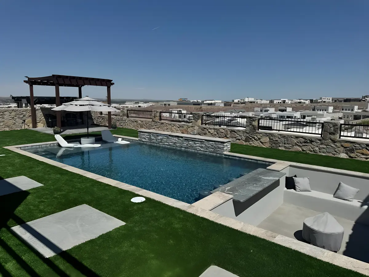 Pool with island seperating pool and seating area